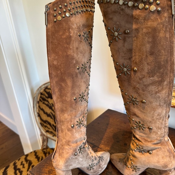 AUTHENTIC Saint Laurent *Ella* Studded Brown Suede Knee Boots IT 37/US 7 - Picture 10 of 16
